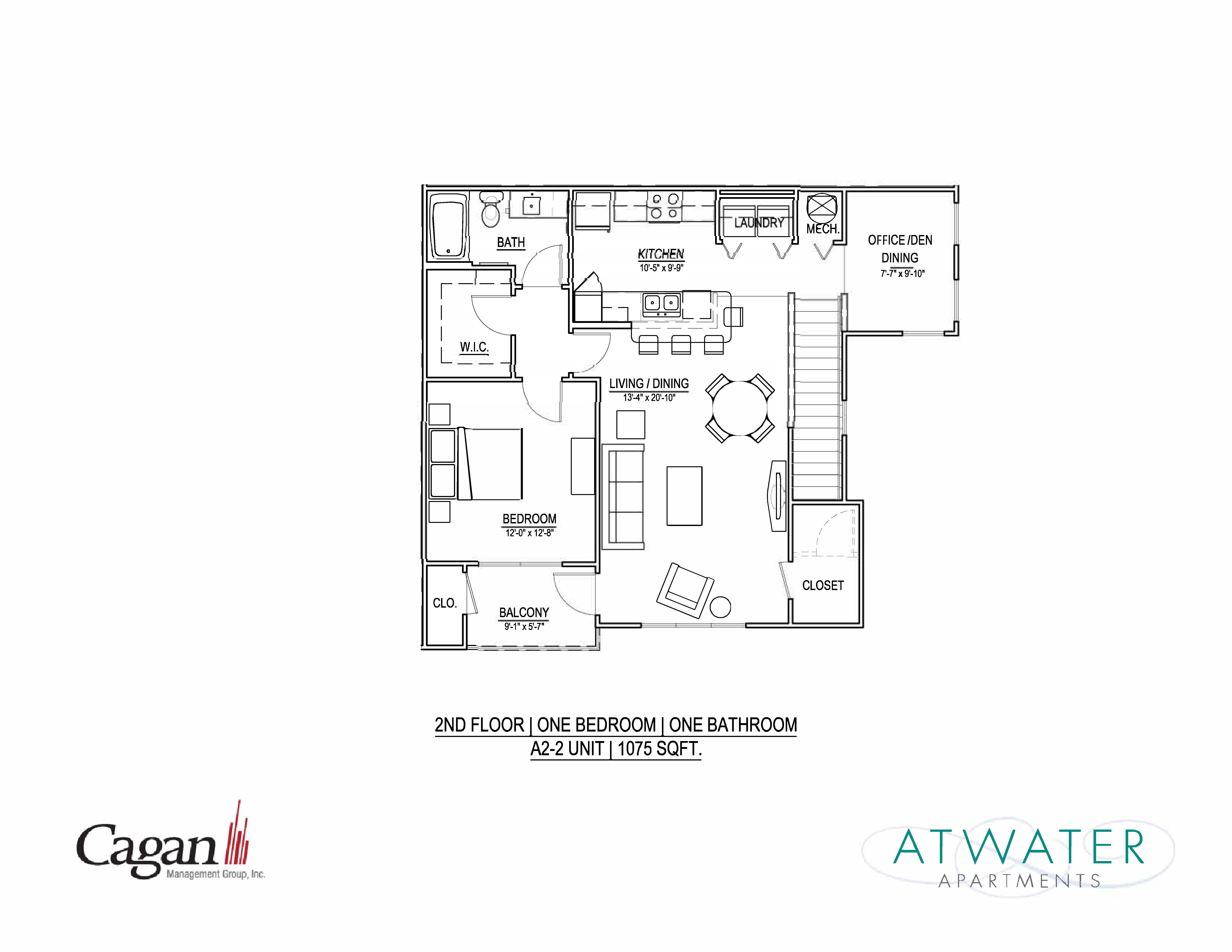 Floor plan for 1 bed, 1 bath, 1099 sqft